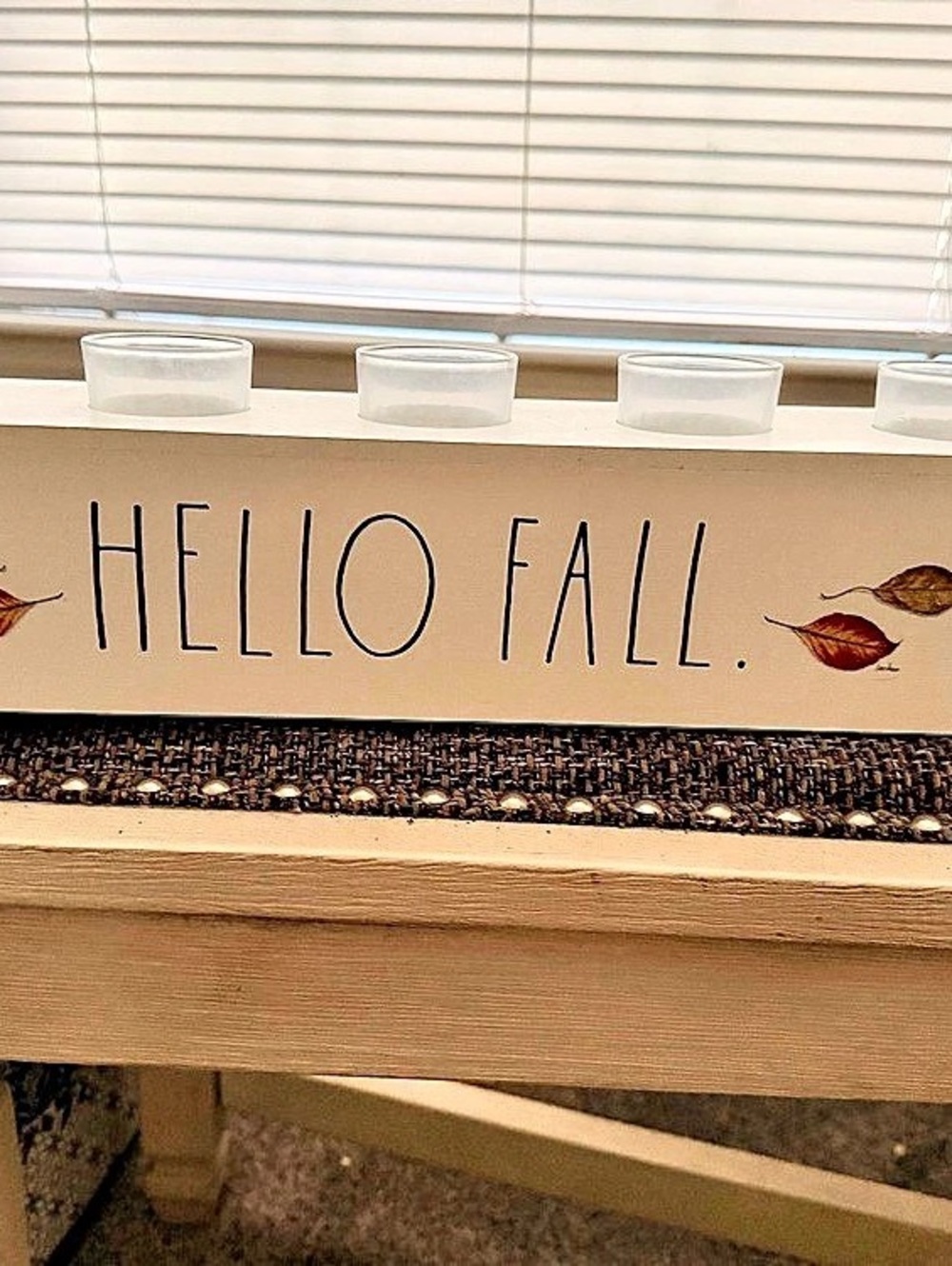 Rae Dunn Hello Fall Wood Candle Holder Decor in White & Brown